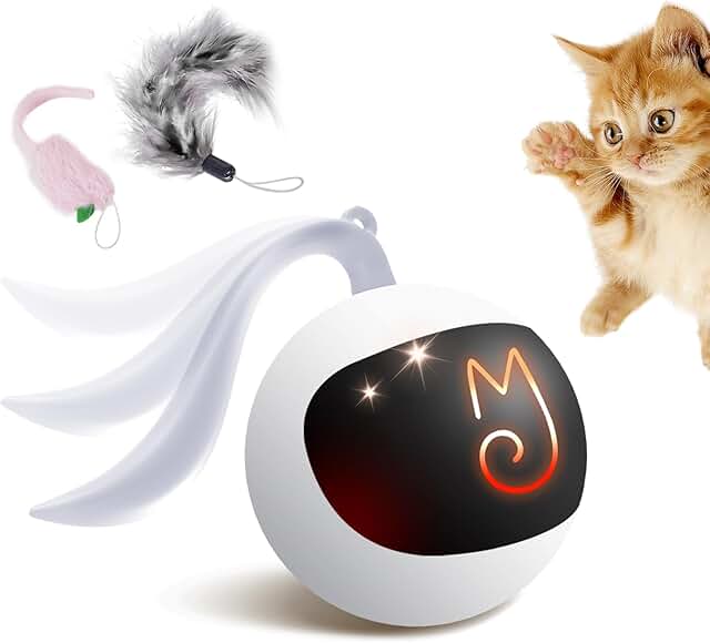 Migipaws Cat Toy, Electric Moving Ball, Plush Mice and Feathers as Additional Toy, DIY N in 1 Pets Intelligent Automatic Teaser, USB Rechargeable (White) product image