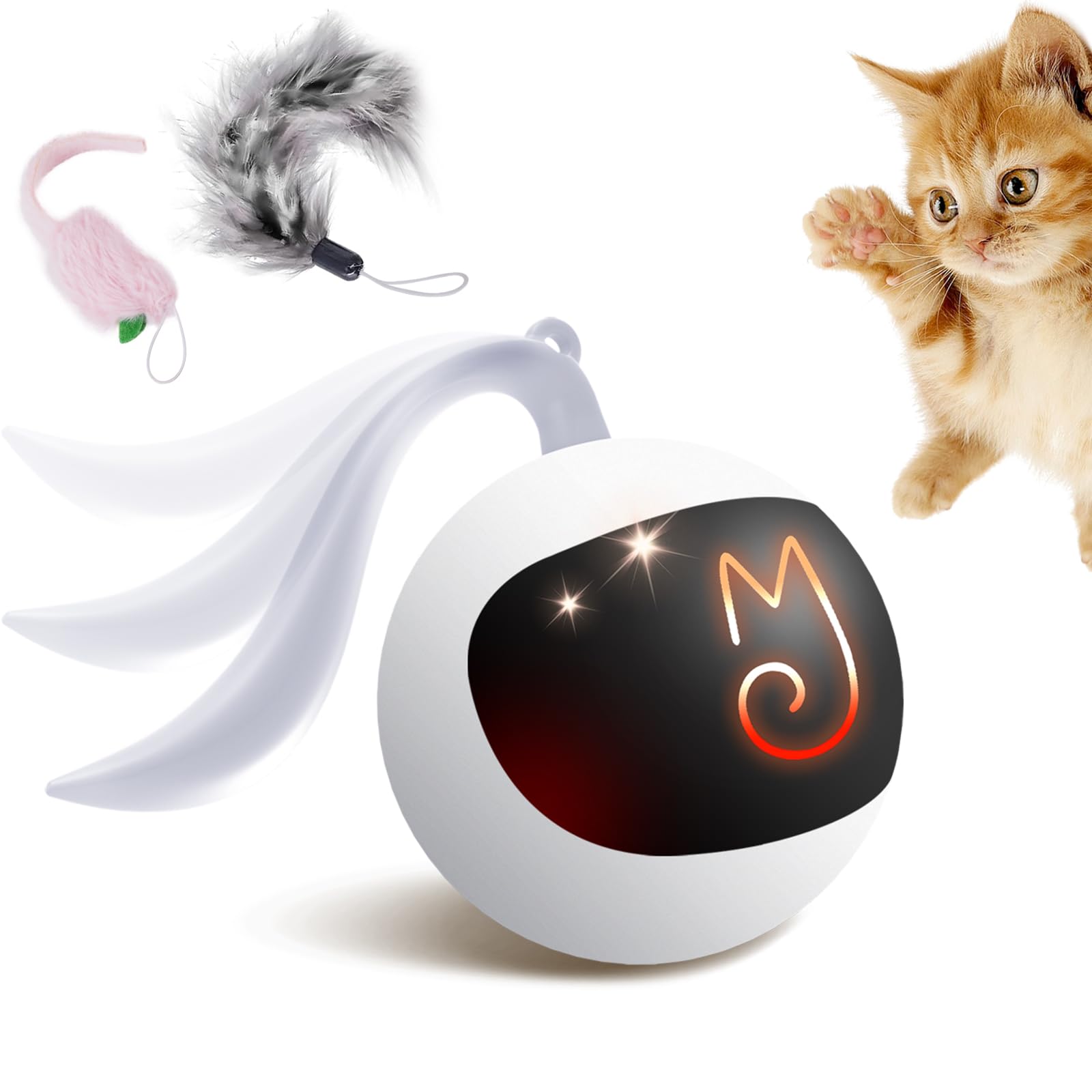 Migipaws Interaktives Katzenspielzeug elektrisch rollender Ball mit flauschigem Schwanz, kleine Maus als Zubehör, wiederaufladbar weiß