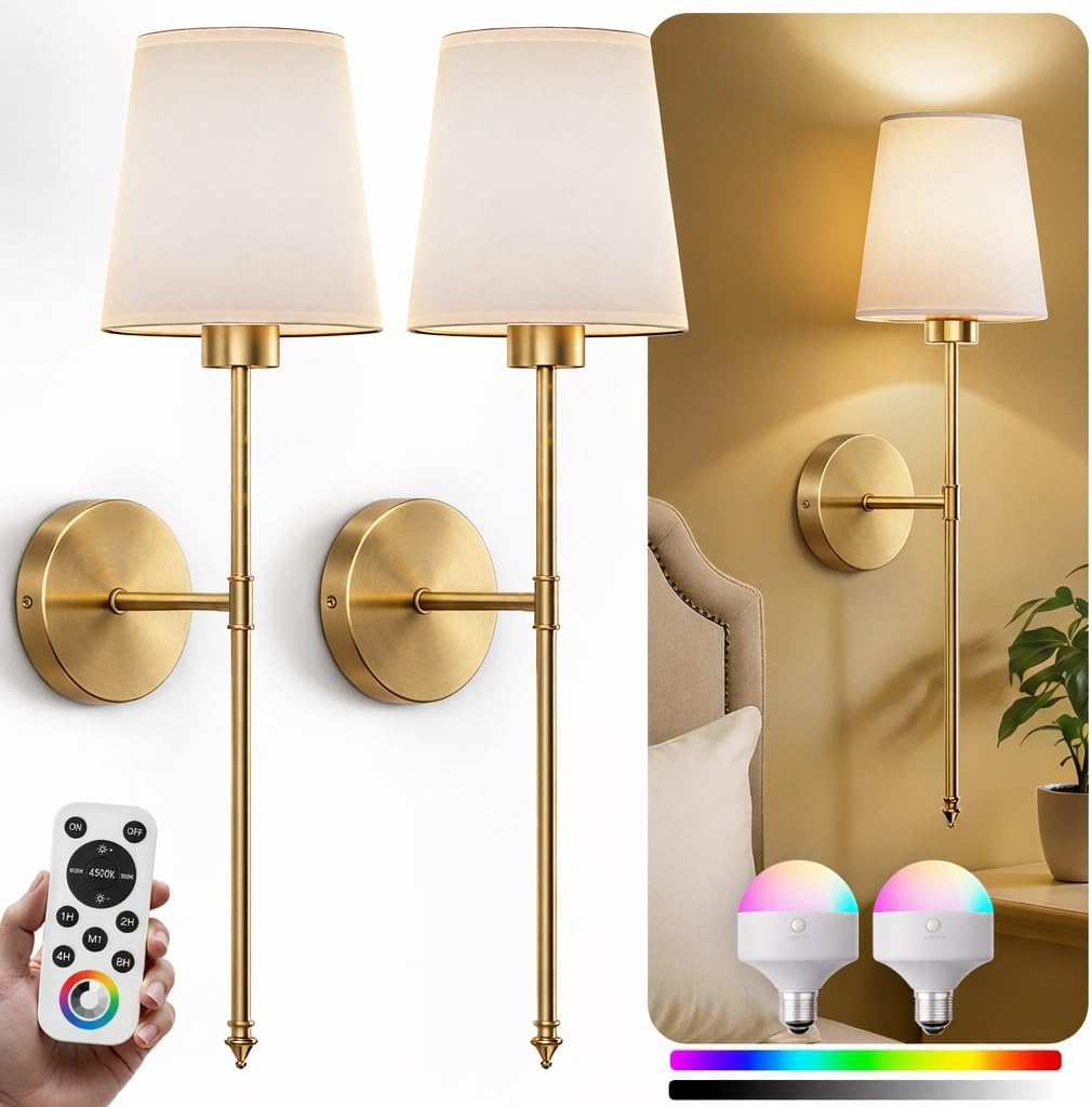 Wall Sconces Battery Operated Set of 2, Rechargeable Wall Sconce, 10 Colors Wireless Wall Sconces Set of Two, 5200mAh Dimmable Bulbs and Remote, for Bedroom Living Room, Hallway Decor (Gold - 24 inch)