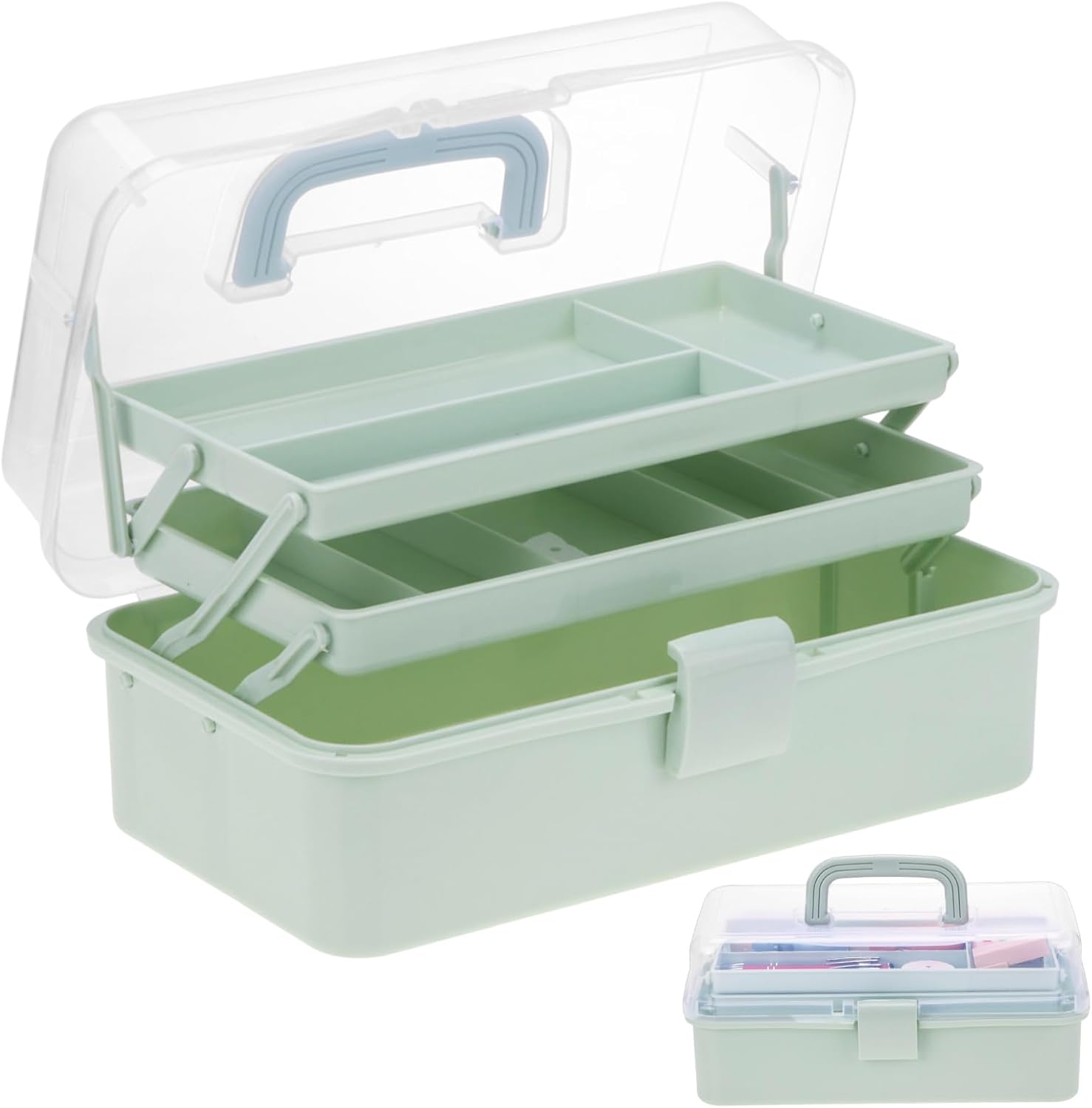 OUTUXED 12.5inch 3-Layer Multipurpose Craft Organizers, Portable Folding Toolbox, Plastic Tool Box with Handle for Sewing Supplies, Medicine, Art Supplies, Nails and Hair Accessories(Haze Green)