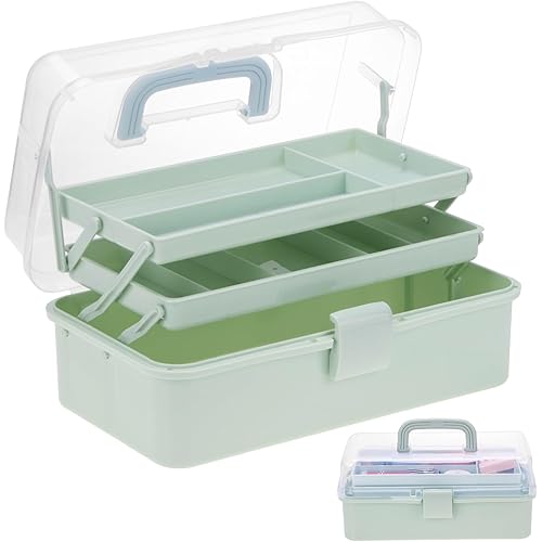 Tackle Box, Craft Organizers and Storage 3-Layer Portable Folding Toolbox, Plastic Tool Box with Handle for Sewing Supplies, Medicine, Art Supplies, Nails and Hair Accessories (Haze Green, 12.5inch)
