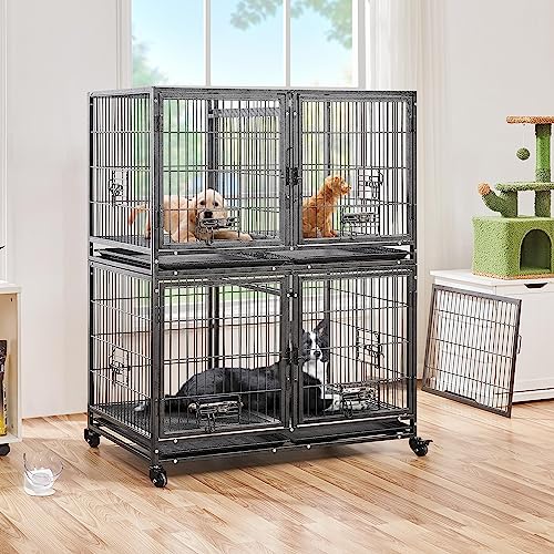 Image of Yaheetech 42.5 Inch Stackable Dog Crate with Divider Open Top 2 Pack | Heavy Duty Rolling Dog Cage, 2 Removable Trays, Lockable Wheels, Multi-Pet Enclosures for Small /Medium Dogs