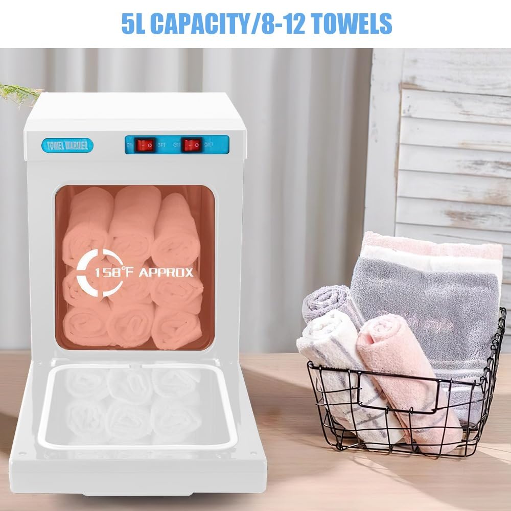 Chauffe-Serviettes Électrique 5L avec Stérilisateur UV & Ozone 2-en-1, Chauffage Rapide 80°C en 10 Min, Cuve en Acier Inoxydable pour Salon de Beauté, Spa, Barbiers et Domicile (5L Blanc)