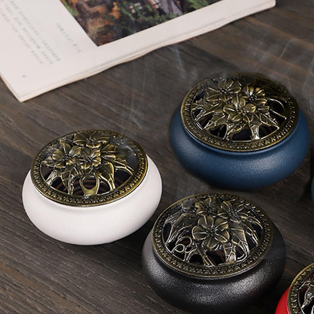Amazon.co.jp: 丸型香炉 お香立て陶器蓋付き 蓋付き 難燃綿と 瞑想