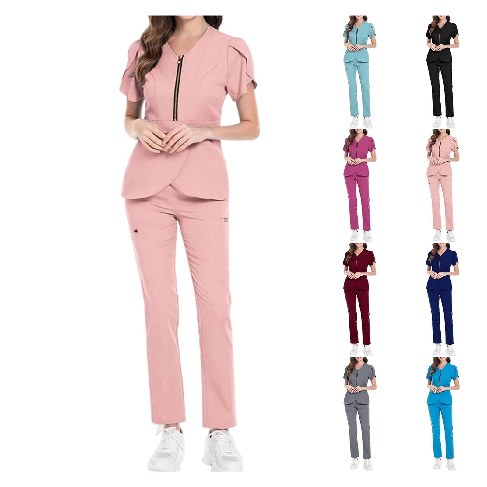 Kasacks Damen Pflege Damen-Krankenschwester-Bekleidungsset, V-Ausschnitt, kurze Ärmel, Reißverschluss, Rüschen, mehrfarbig, lange Hosen, medizinische Uniform, Arbeitskleidung for das Gesundheitswesen