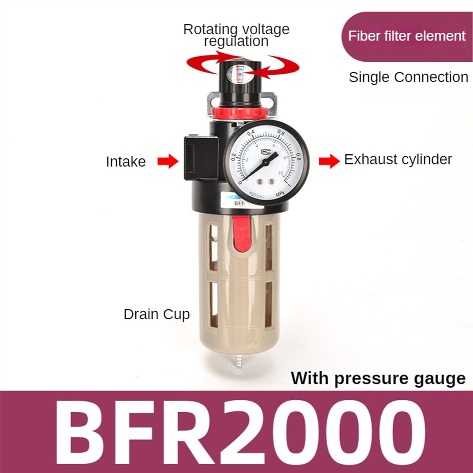 Pneumatic BFR2000 - Filtro de bomba de aire de 1/4, válvula reductora de presión, regulador separador de aceite y agua para compresores (fibra BFR2000)