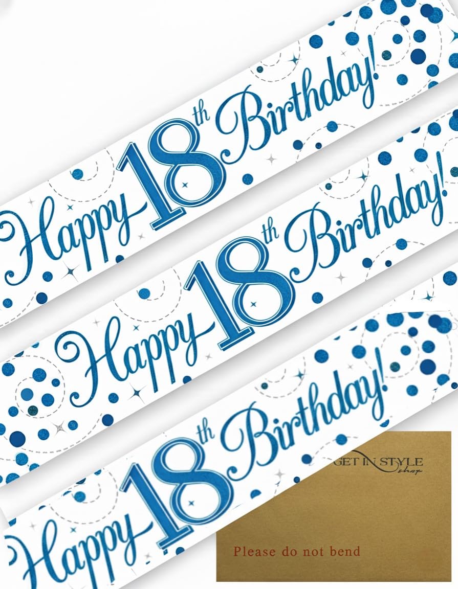 9ft Banner 18th Birthday Blue & White, Sparkling Fizz Holographic Foil Pennant (274cm)