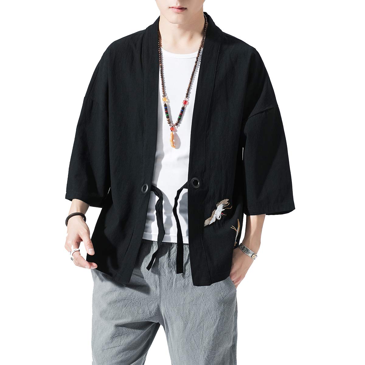 chroes Men's Kimono Jackets Cardigan Lightweight Casual Cotton Blends Linen Seven Sleeves Open Front Coat Outwear |C-Black |XL-picture-12