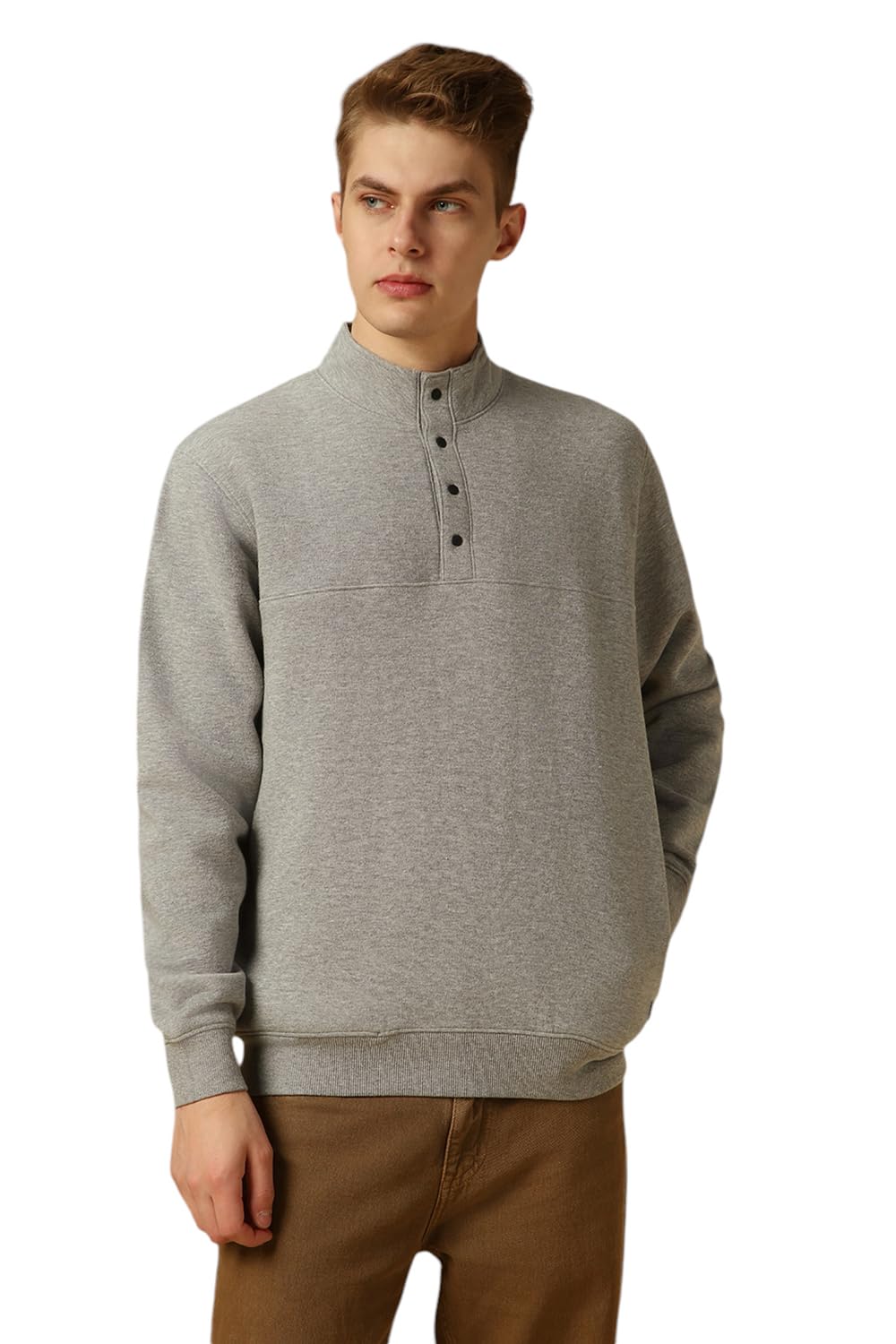 dennis lingo Men Grey Solid Relaxed Fit Full Sleeve Mock Collar Sweatshirt-picture-47