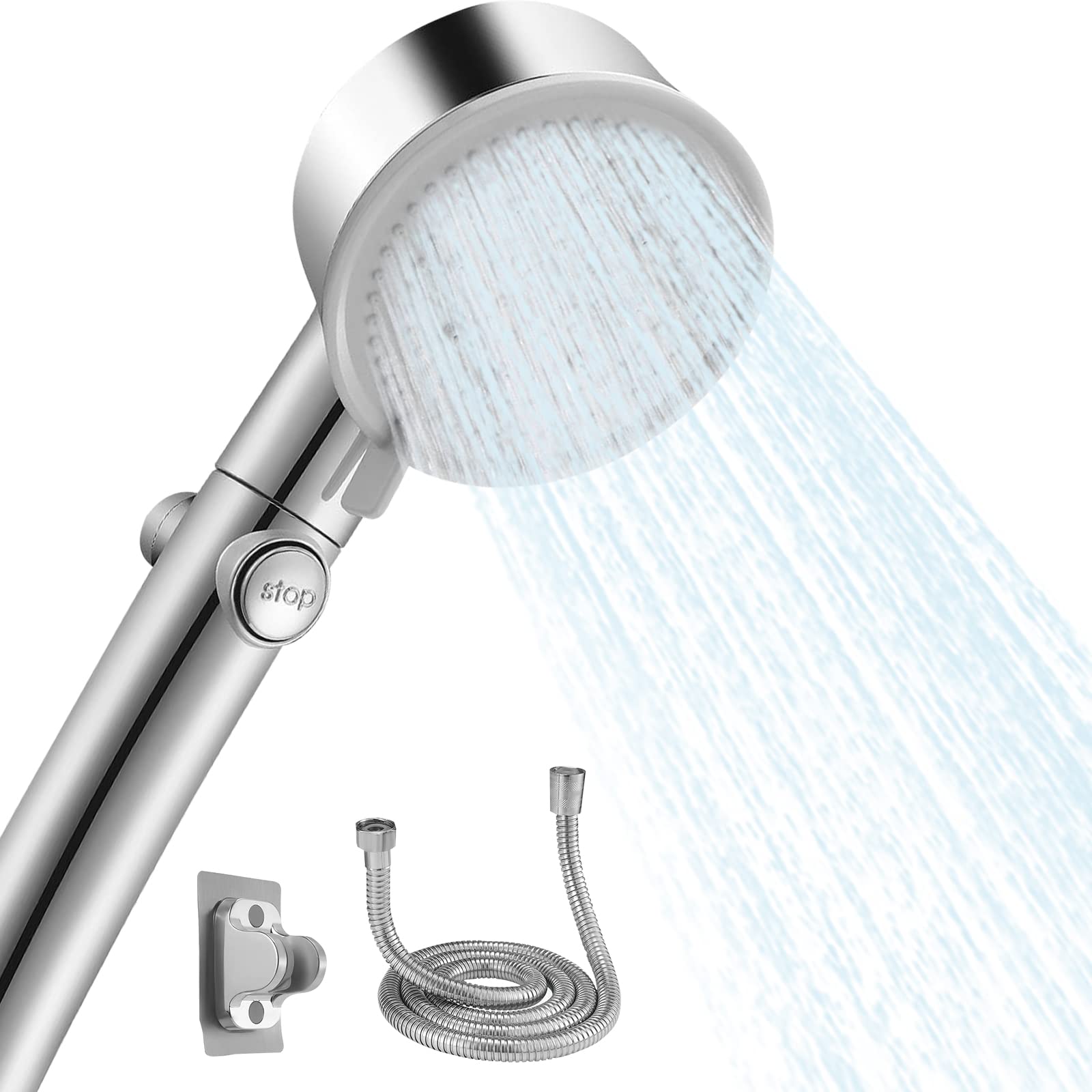 High Pressure Shower Head with Hose 1.5 M, 5 Spray Modes Turbo Shower Head Water Saving Hand Held Shower Heads, with Start/Stop Button