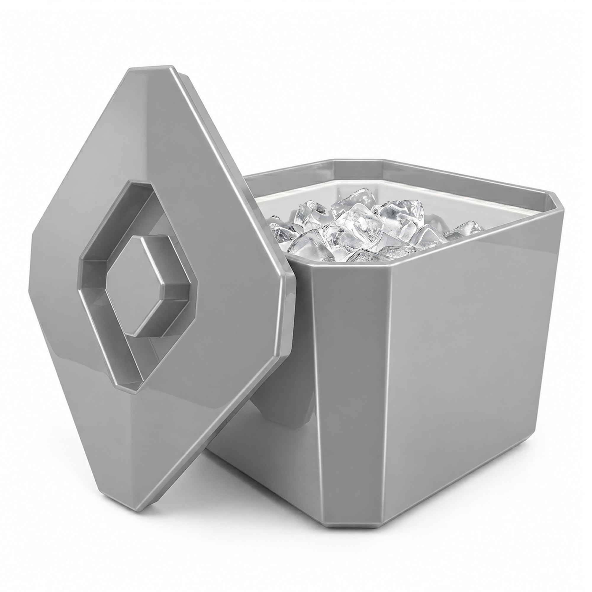Chabrias Ltd 6L Silver Octagonal Insulated Ice Bucket with Lid & Drainage Liner - UK Made - Double Wall BPA-Free Plastic Ice Bucket for Parties, Bars, BBQs, Home Bar & Garden Drinks Cooler - UK Made