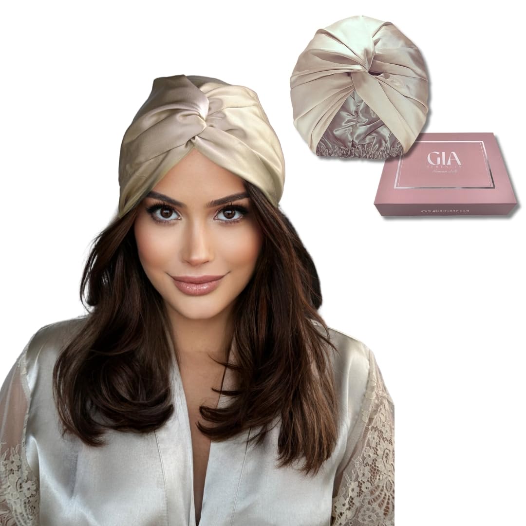 100% Mulberry Double Layer Premium Silk Sleep Cap for Hair Care, Shower Cap, Real Silk Night Hair Bonnet for Sleeping Women (Champagne)