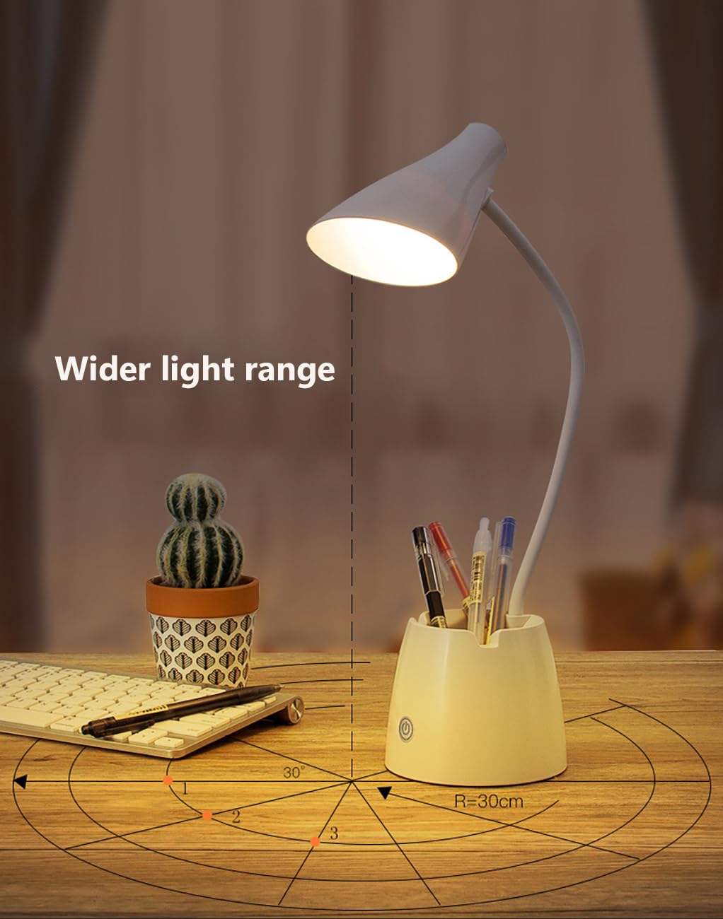Schreibtischlampe Kinder, 3 Farben Stufenlose Helligkeit Tischlampe Nachttischlampe, 24 LED Augenschonende Bürolampe Leselampe mit Stifthalter, USB-Anschluss Touch Schreibtischleuchte