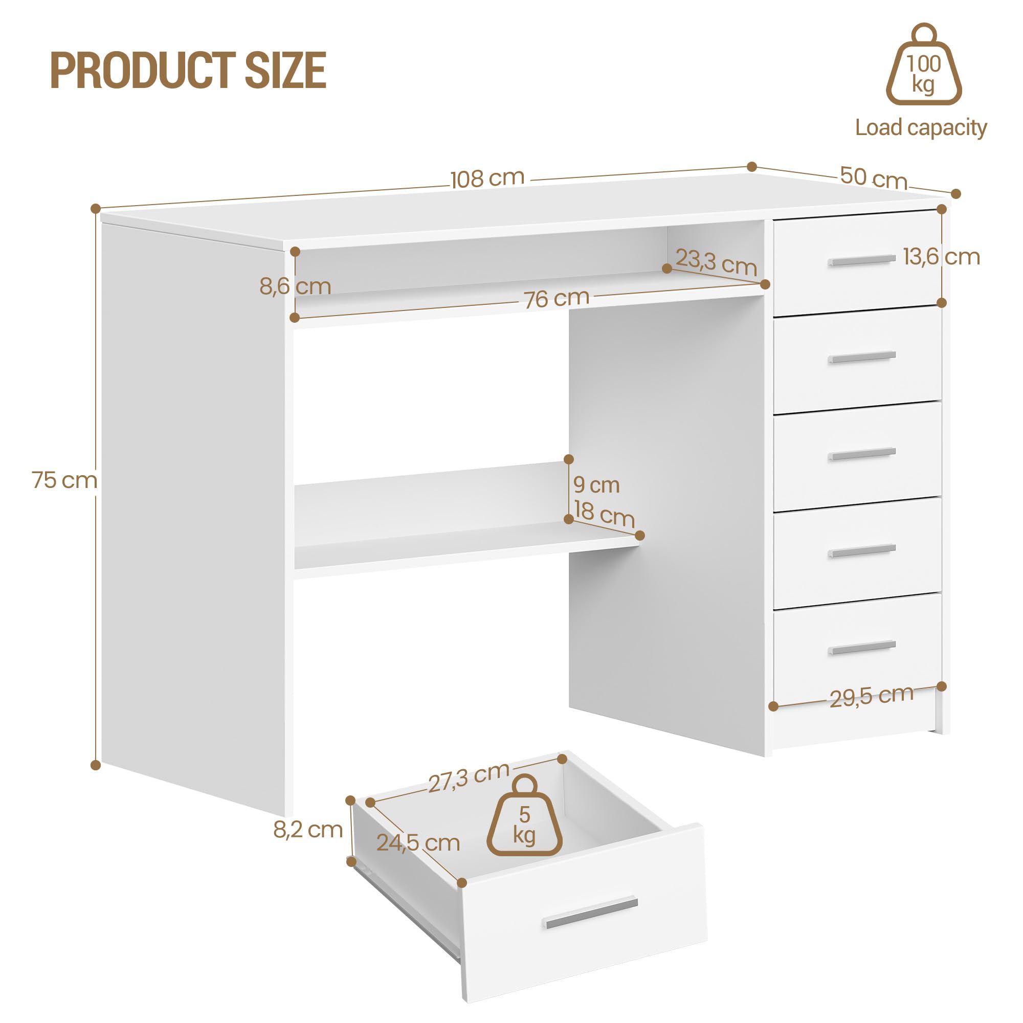 Hzuaneri Schreibtisch 108x50cm 5 Schubl. weiß | 5 Schubl,minimalistisch, stabil. Für Büro,Arbeitszimmer,Schlafzimmer. 108x50cm, weiß. Ref. CD10503X.