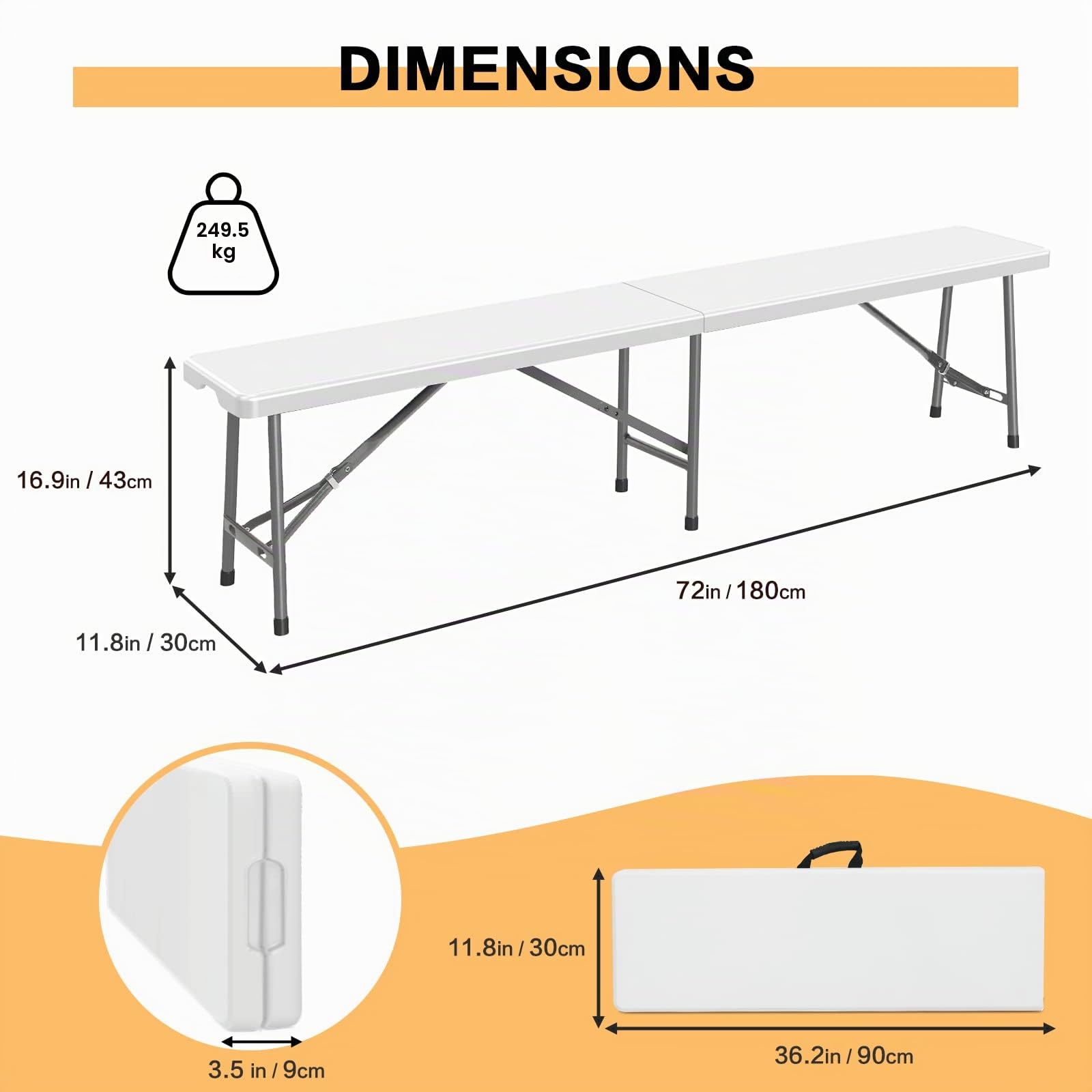 Todeco Banc Pliant Camping, 2 à 4 Personnes, 2 Pièces | Avec poignées, pieds antidérapants pour Fête Barbecue Pique-Nique, Exterieur 183 x 30 x 43 cm
