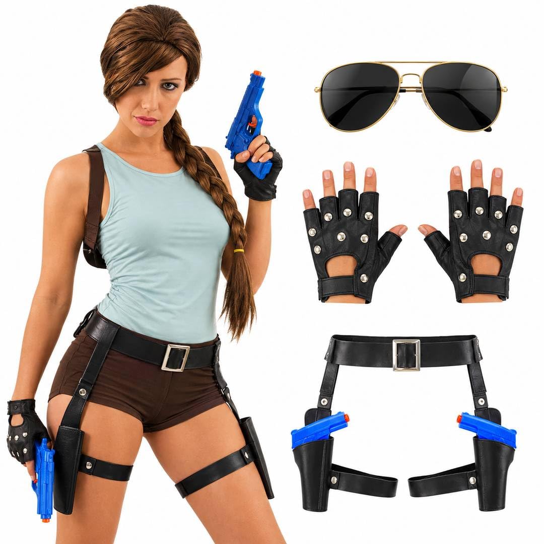 LOVETRENDS Adults Temple Raider Costume – Faux Leather Gun Holster Belt, 2 Blue Plastic Props, Glasses & Studded Fingerless Gloves – Halloween & Tomb Movie Fancy Dress