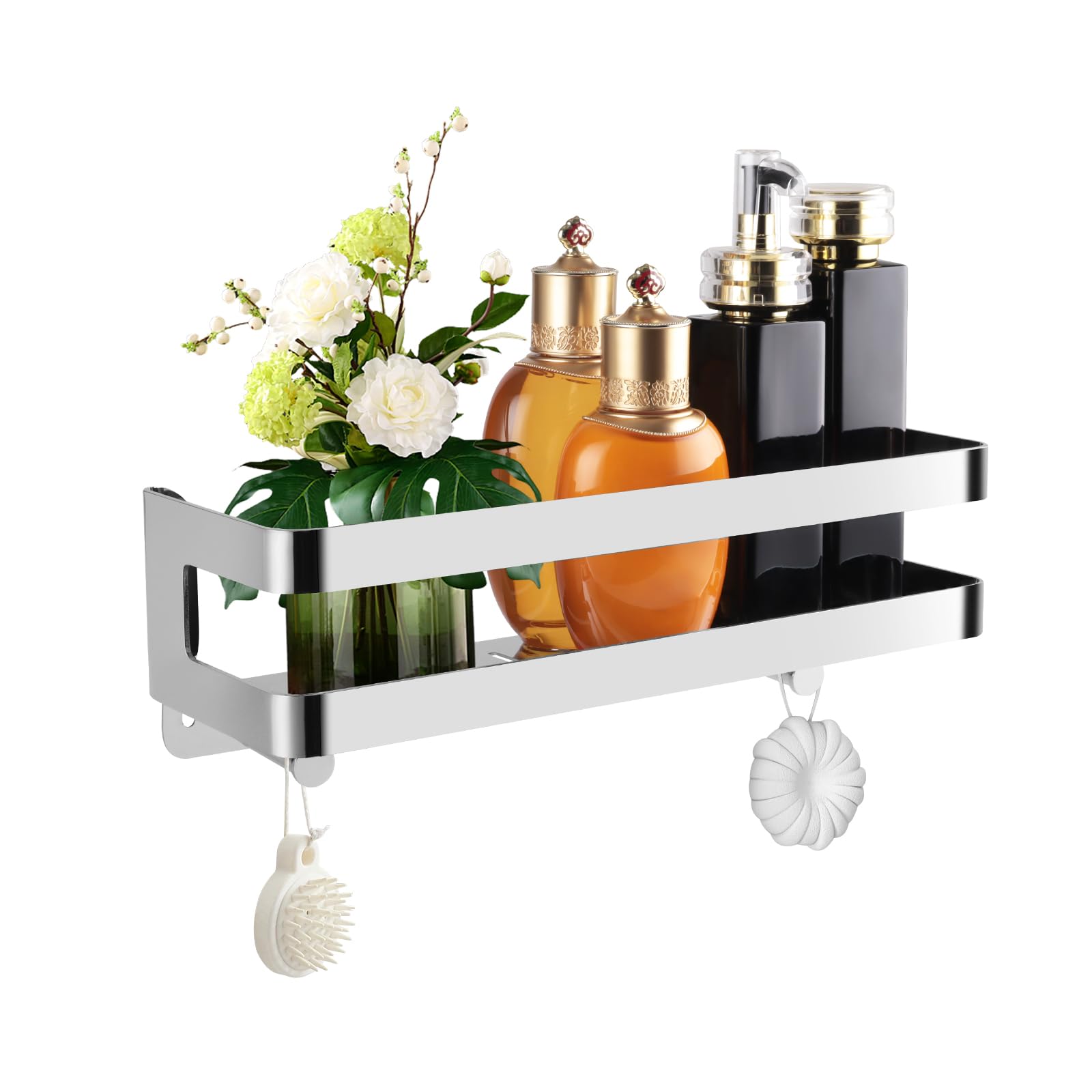 Mensola Doccia in SUS304 Acciaio Inox,Portaoggetti Doccia Design Minimalista,Mensole Bagno con 2 Ganci,Organizza i Prodotti da Bagno e Cucina,Cromo (30cm)