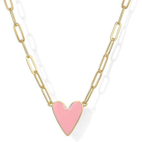 PAVOI 14K Gold Plated Heart Enamel Pendant Necklace for Women | Love Paperclip Chain Necklaces | Blue Pink Purple White Enamel Heart Pendants