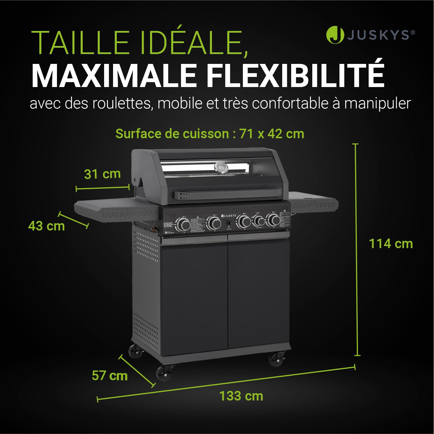 Juskys Barbecue à gaz Savannah - 4 brûleurs et 1 brûleur latéral - XXL en acier avec grille de cuisson en fonte, plaque de cuisson, meuble bas pour bouteille de gaz