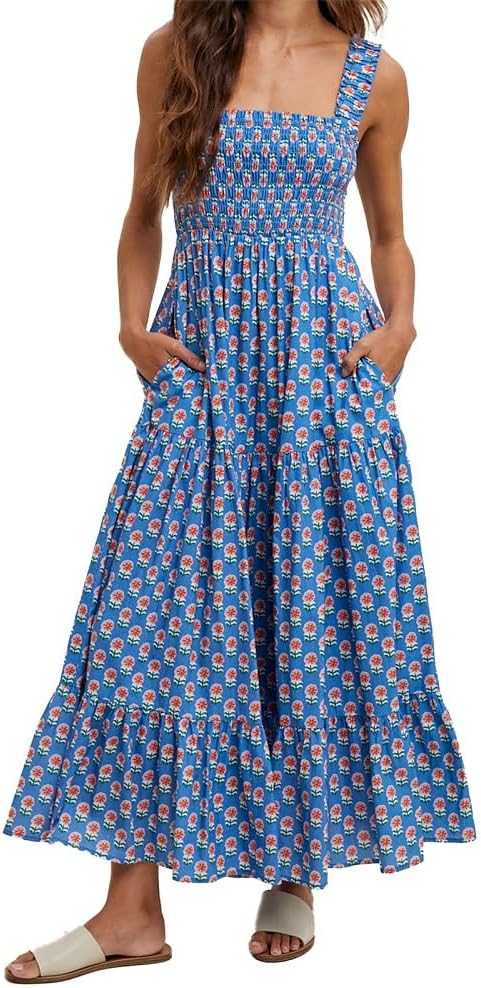 Women Bohemian Graphic Maxi Dress Spaghetti Strap Flowy Cami Dress Floral Tiered Sundress Y2K Summer Beach Dresses