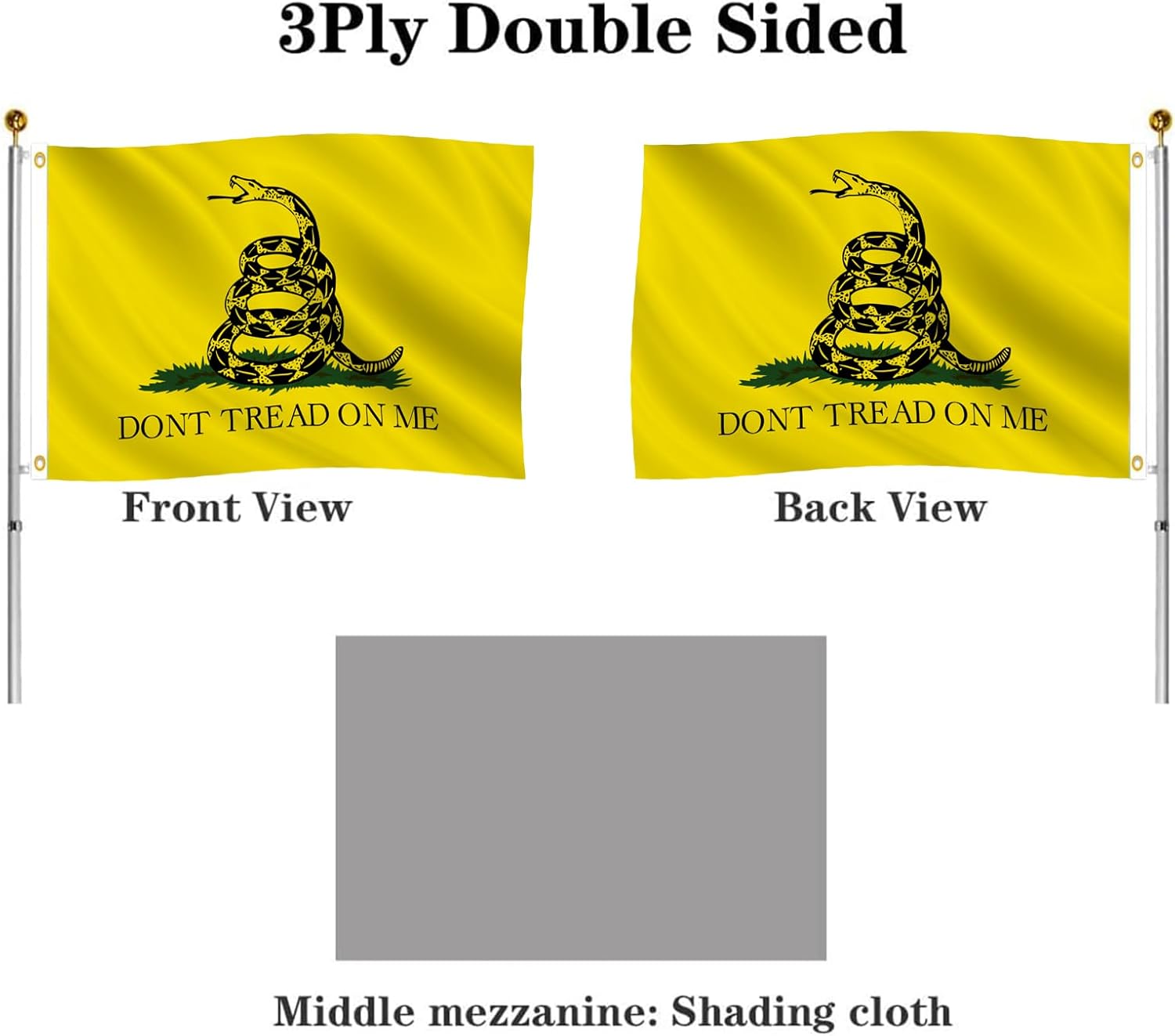 Double Sided Gadsden Flag 4x6 Outdoor- UV Fade Resistant 3Ply Dont Tread On Me Flags Banner- Libertarian Flag Canvas Header with Powerful Snake