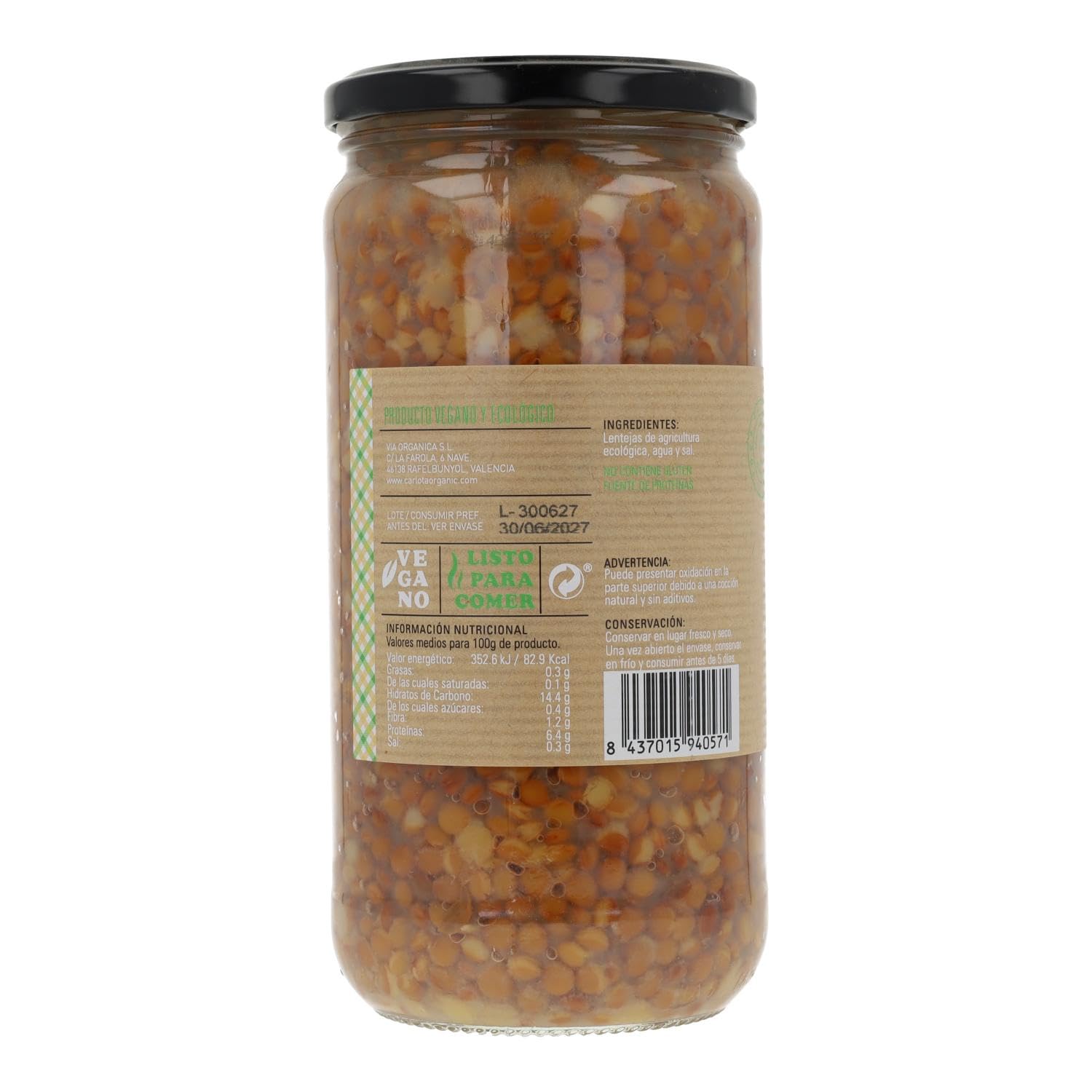 Carlota Organic Lentejas Cocidas 720 gr