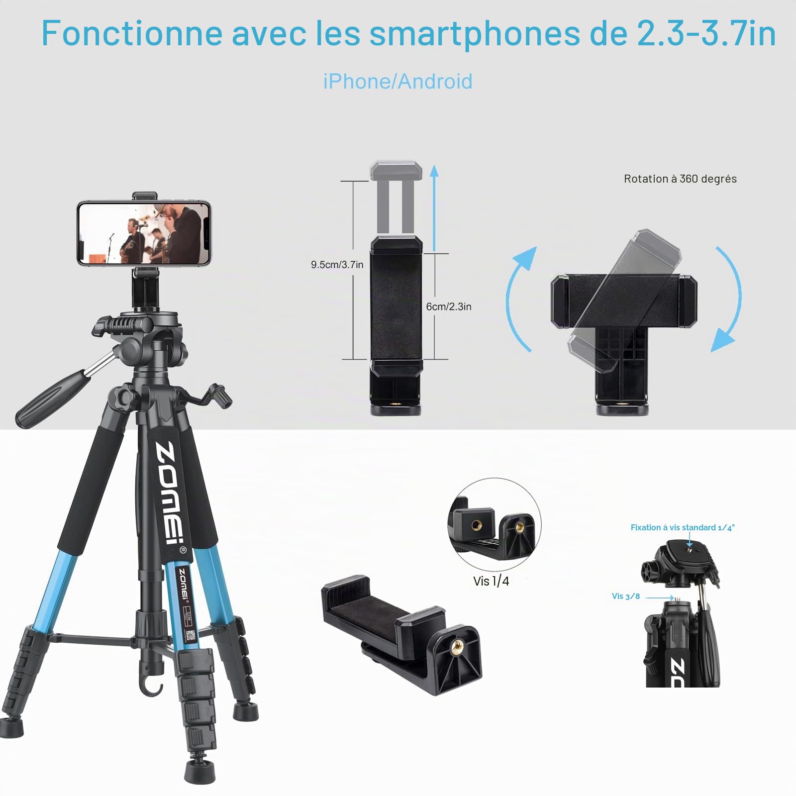 ZOMEi Trépied de Voyage Robuste de 188 cm - Trépied vidéo de Voyage Professionnel Compatible avec appareils Photo Reflex numériques, téléphones Portables, projecteurs, Jumelles, Lunette d'observation
