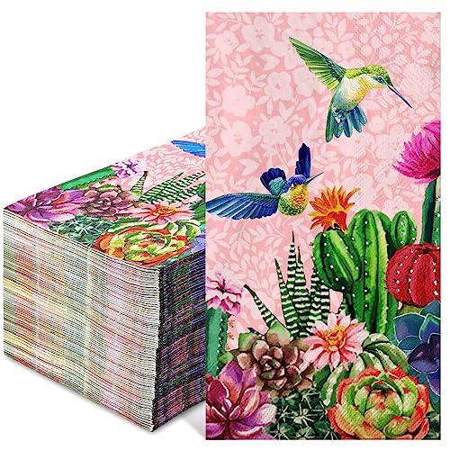 AnyDesign 100Pcs Bird Guest Napkins 3 Ply Disposable Pink Cactus Flower Paper Napkins Summer Dinner Hand Napkin Towel for Home Kitchen Bathroom Seasonal Holiday Party Supplies, 13 x 15.7 Inch