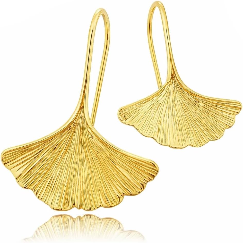 Sovats 925 Sterling Silver Gold Plated Ginkgo Leaf Drop Earrings for Women, Dainty Botanical Dangle Nature Jewelry Gift