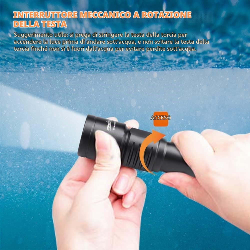 ORCATORCH D700 Torcia Subacquea Fascio 6°, 1700 Lumen, Immersioni Profonde | Interruttore Rotativo Meccanico, Luce Subacquea Di Ricambio, IP68 Impermeabile, Immersioni Notturne & Speleologia