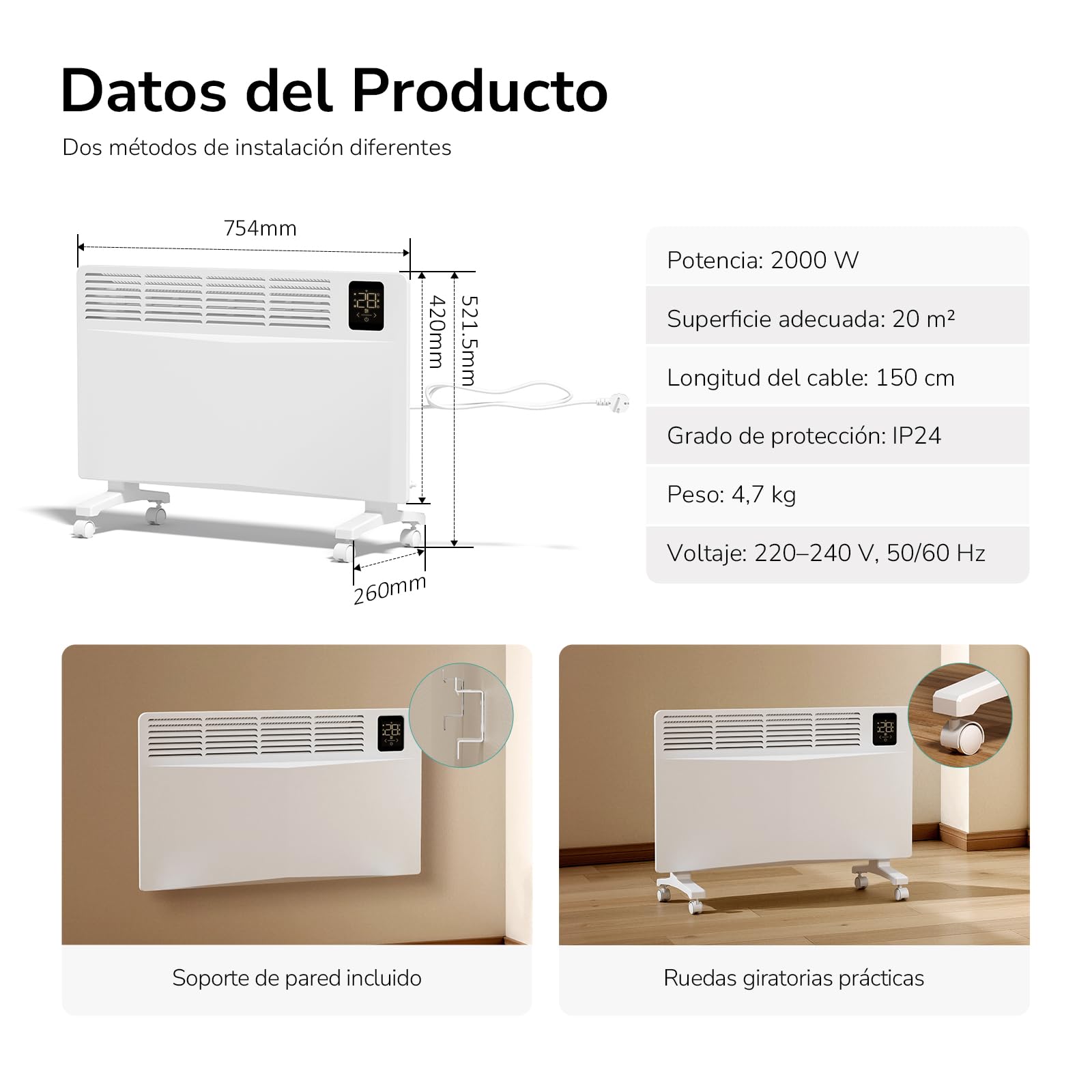 EMKE Radiador Eléctrico Inteligente 2000W Blanco,755×420×80 mm | Convectores con WiFi y Control por App, Calefacción Eléctrica de Bajo Consumo, Montaje en Pared o de Pie