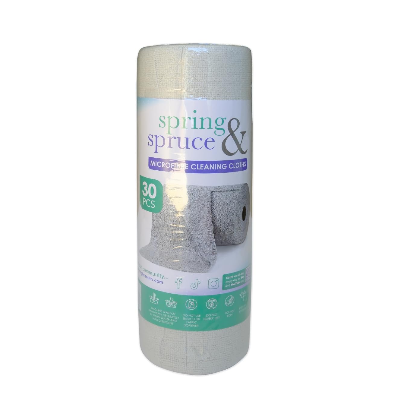 Spring & Spruce Roll of 30 Tear-Off Super Absorbent Microfibre Cloths - Lint-Free &Streak-Free Cleaning Cloths - Eco-Friendly & Washable - Ideal for Glass, Kitchen & Household Cleaning