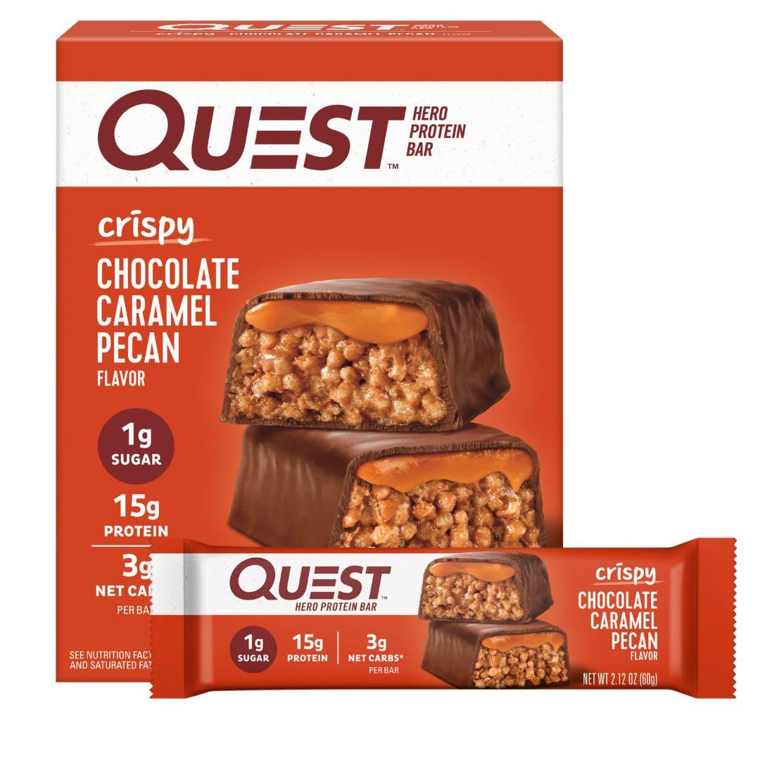 Quest Nutrition Crispy Chocolate Caramel Pecan Hero Protein Bar, 15g Protein, 1g Sugar, 3g Net Carb, Gluten Free Protein Snack, Keto Friendly, 4 Count