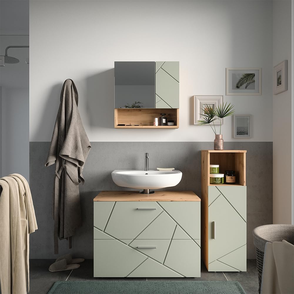 Vicco Set di mobili da bagno Irma, Verde salvia, 80 cm, composto da mobile sottolavabo, specchiera e mobile medio