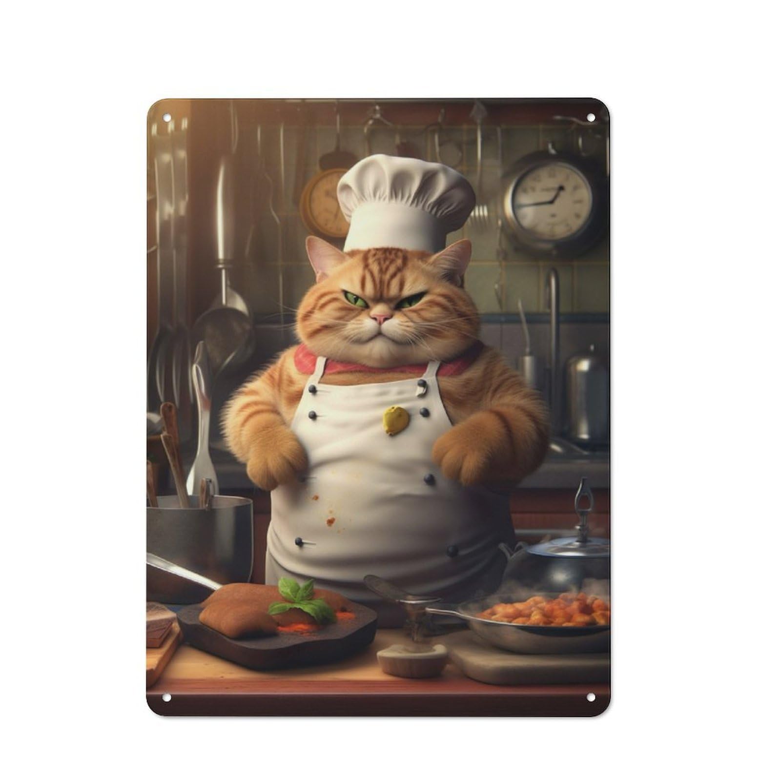Junmoney Cooking Cat Cook Chef Tin Wall Plaque 40X30cm With For Bar Or Restaurant, Autumn Wall Decor For Hospitality Decor Collectors