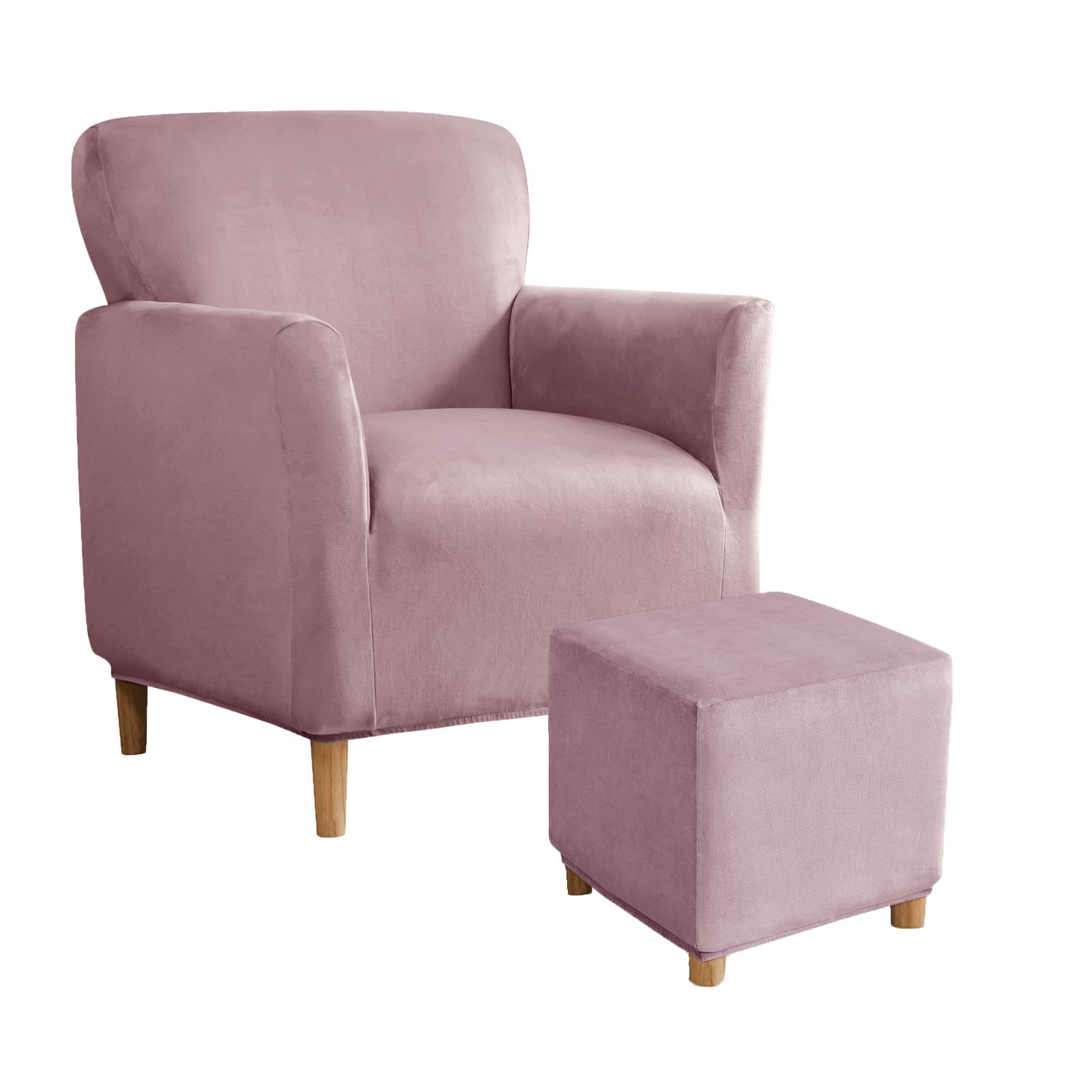SYLC Stretch Velvet Armchair Sofa Covers with Ottoman Cover Rectangle/Square, Banquet Tub Chair Covers Footstool Slipcover Furniture Protector (Pink,Chair+Ottoman Square S)