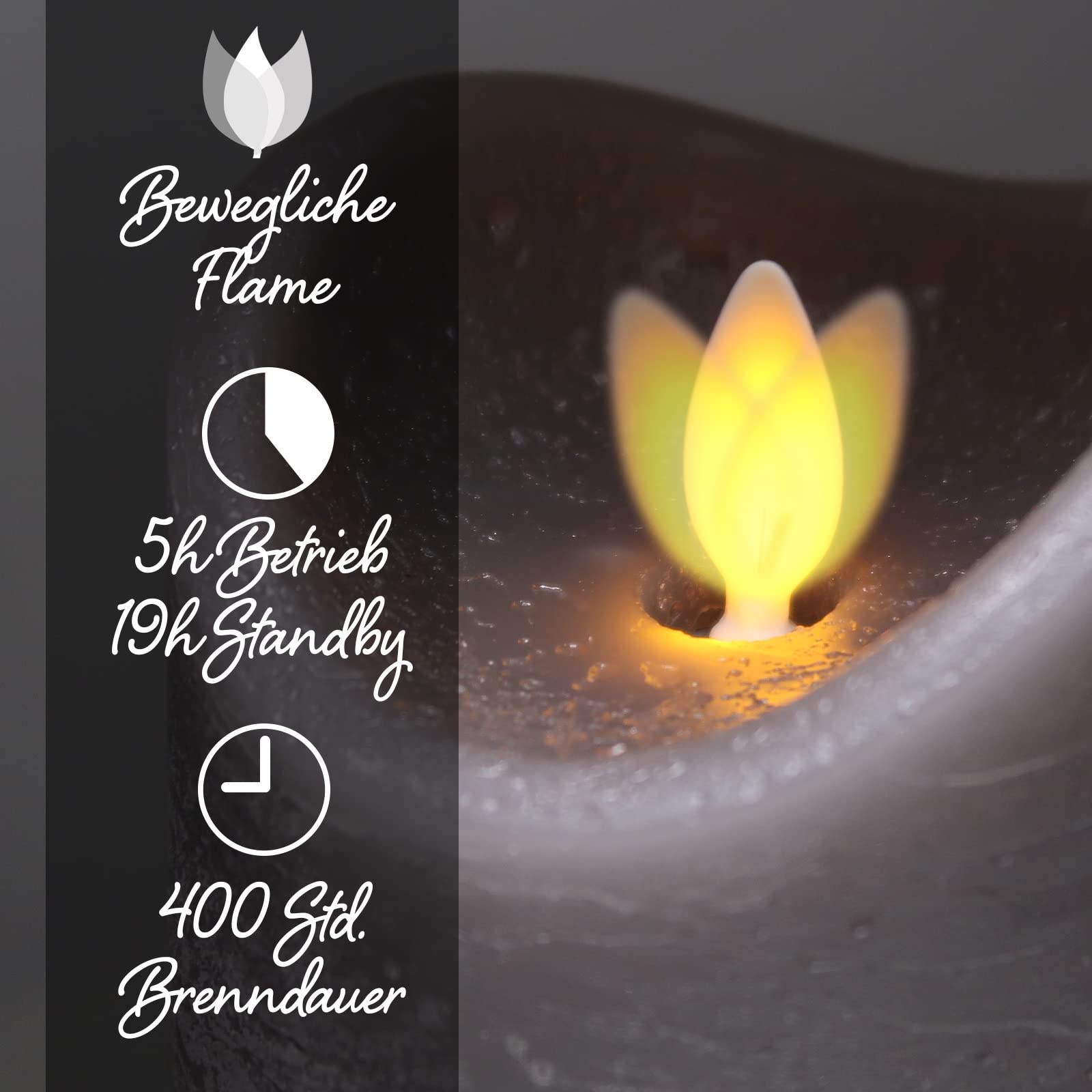 Tronje 3er Set LED Kerze mit Timer u. Fernbedienung - 13/15/18cm Echtwachskerze Grau Rustik mit beweglicher Flamme