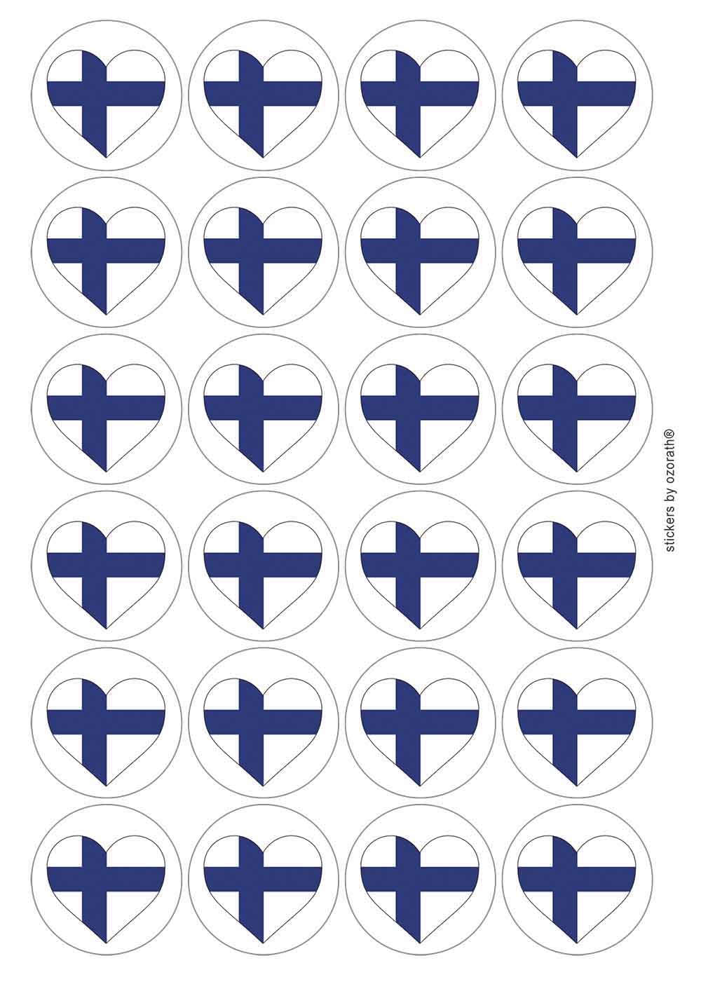 Finland Finnish Flag Heart Circular Matt Paper Stickers A4 Sheet of 24 (Each Sticker is 45mm Diameter)