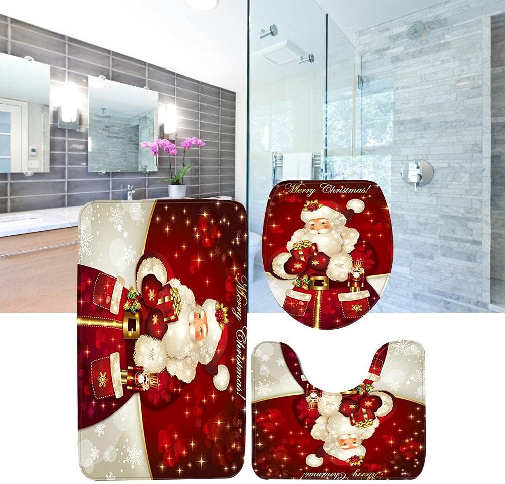 Christmas Bathroom Sets,3Pcs Christmas Santa Decoration Bathroom Decor Set with Toilet Seat Cover,U Shaped Toilet Rugs