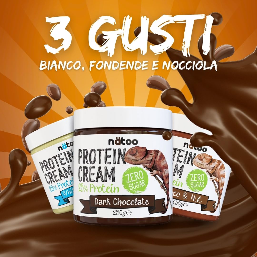 NÄTOO Crema Proteica senza Zucchero, 3x250g, 28% di Proteine, Keto Diet, Crema Spalmabile Senza Zucchero, Ideali come Dieta Chetogenica Prodotti, Cioccolato Fondente, Bianco e Nocciola