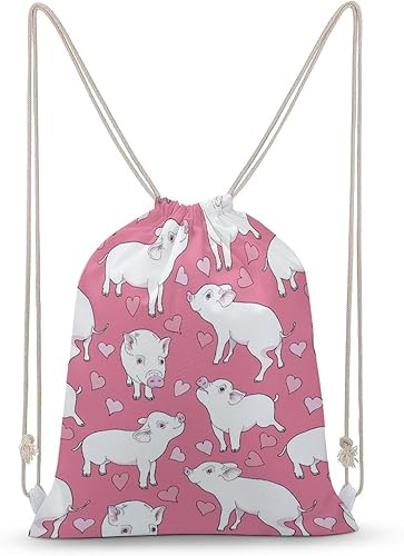 Mini Pigs and A Hearts Drawstring Backpack Cute String Bag Canvas Daypack Travel Sackpack 30x40cm