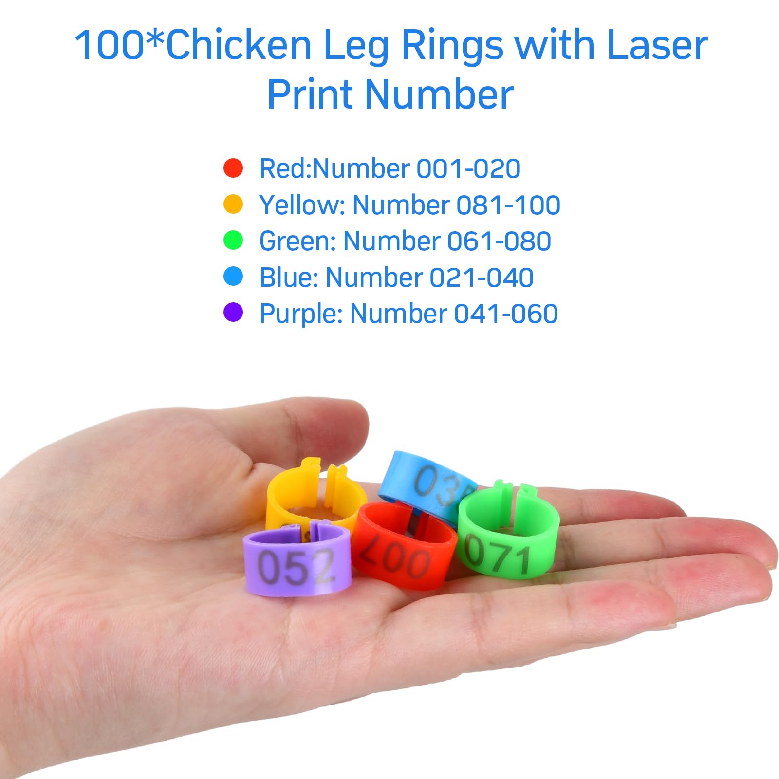 Anillas para Gallinas 16 mm Anillos de Identificación de Pollo Número 1-100, 5 Colores
