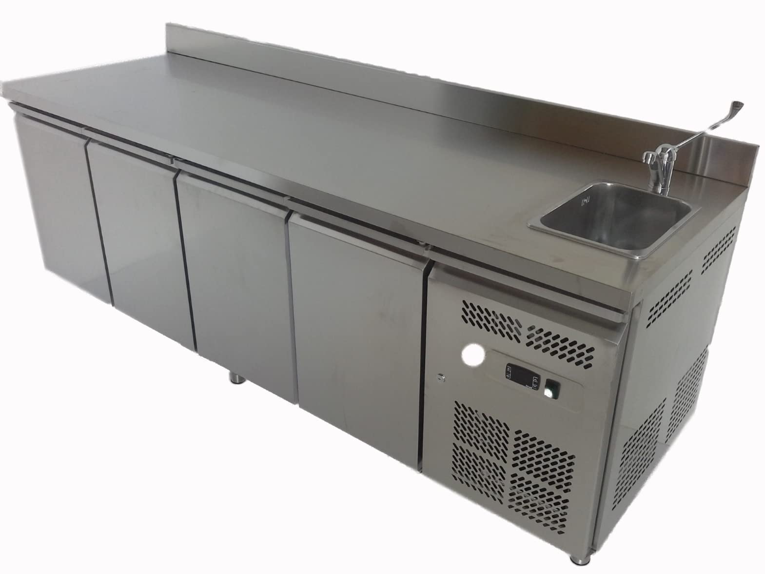 Generico Banco Frigo Professionale in Acciaio Inox cm. 223xp70xh86 con 4 Porte e Motore Incorporato, Tavolo Refrigerato con Lavello