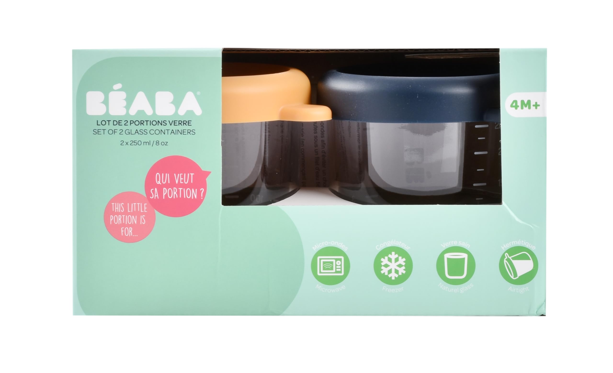 Beaba Glass Storage Container - Air tight Jar for Storing Baby Snacks and Meals with Graduation Measuring Scale, Heat, Freeze, Sterilization, and Microwave Safe, 250ML, Set of 2, Night Blue & Honey 4