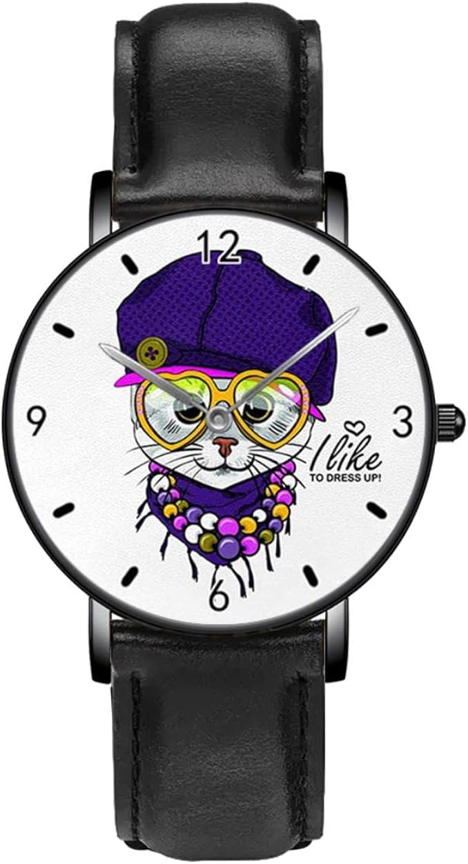 Gato con sombrero violeta Relojes de pulsera de cuarzo Relojes para mujeres hombres de negocios ocio unisex relojes de pulsera de cuero, negro