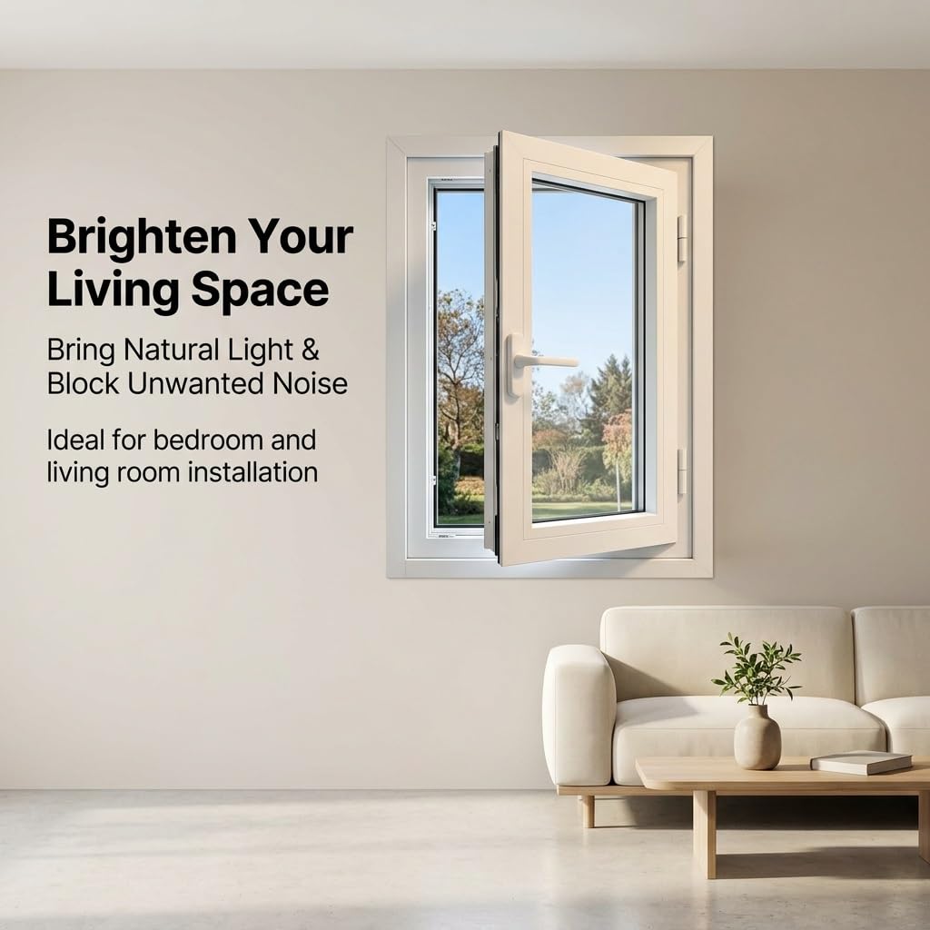 Ventana abatible para sótano, marco de acero de plástico blanco, ventana de vidrio templado, ventanas seguras, reemplazo de ventanas de baño (izquierda de ancho x alto, 40 x 21 pulgadas)