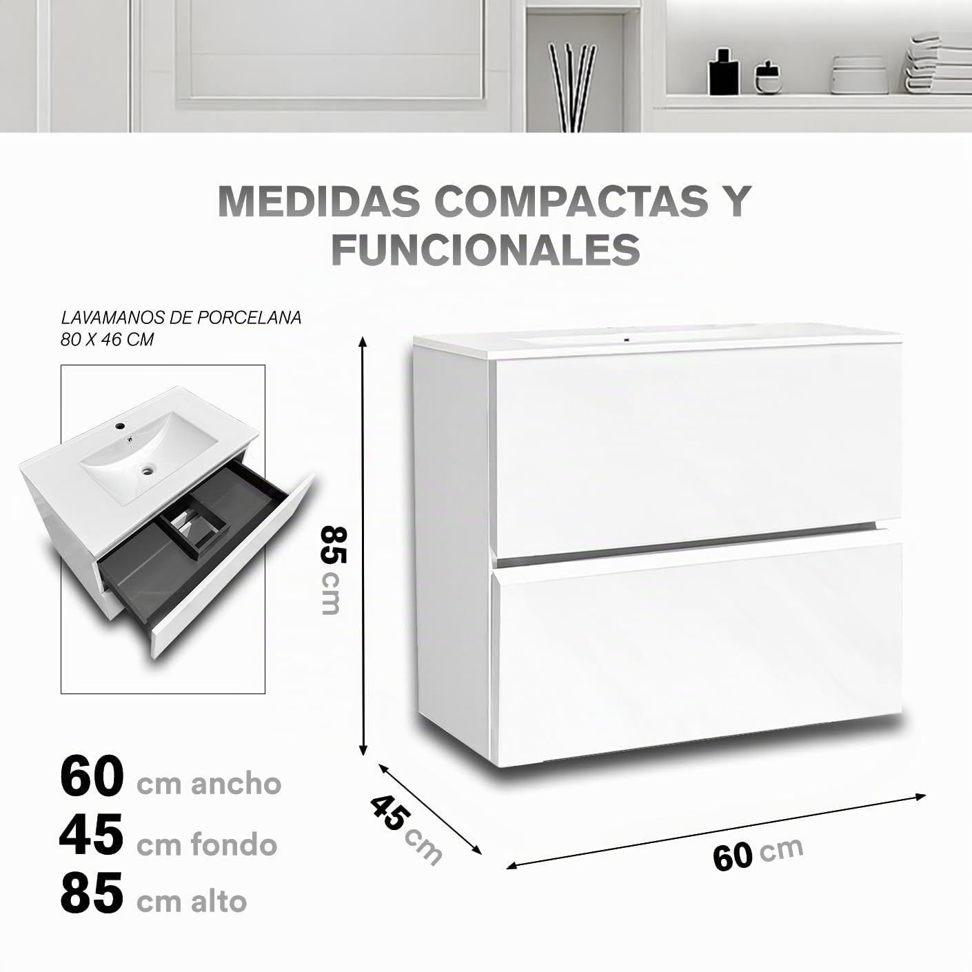 Juego Mueble 60cm Baño con Lavabo Mueble Lavabo Mueble Baño | Mueble Bajo Lavabo Compacto Preinstalado de Fábrica · Lavabo 60 cm con Pie de Porcelana · No Incluye Espejo