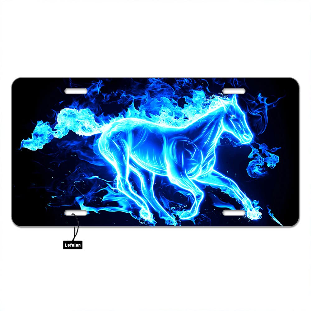 Lefolen Blue Fire Horse Car Front License Plates Galaxy Magic Animal Forest Race Mane Wildlife Flame Black Aluminum Mental Car Tag Vanity Plates 6 X 12 Inch for Men Woman Girls Boys