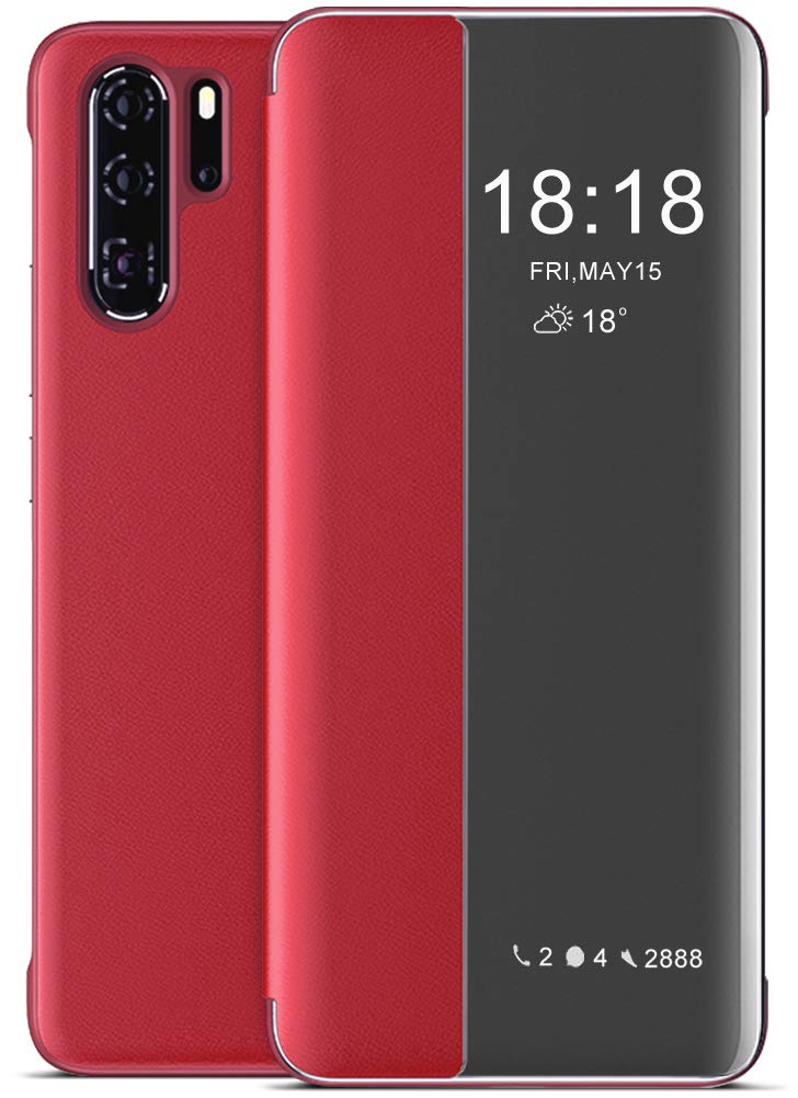 EUDTHHuawei P30 Pro Case, Smart View Leather Flip Cover Case for Huawei P30 Pro 6.47 Inches Red