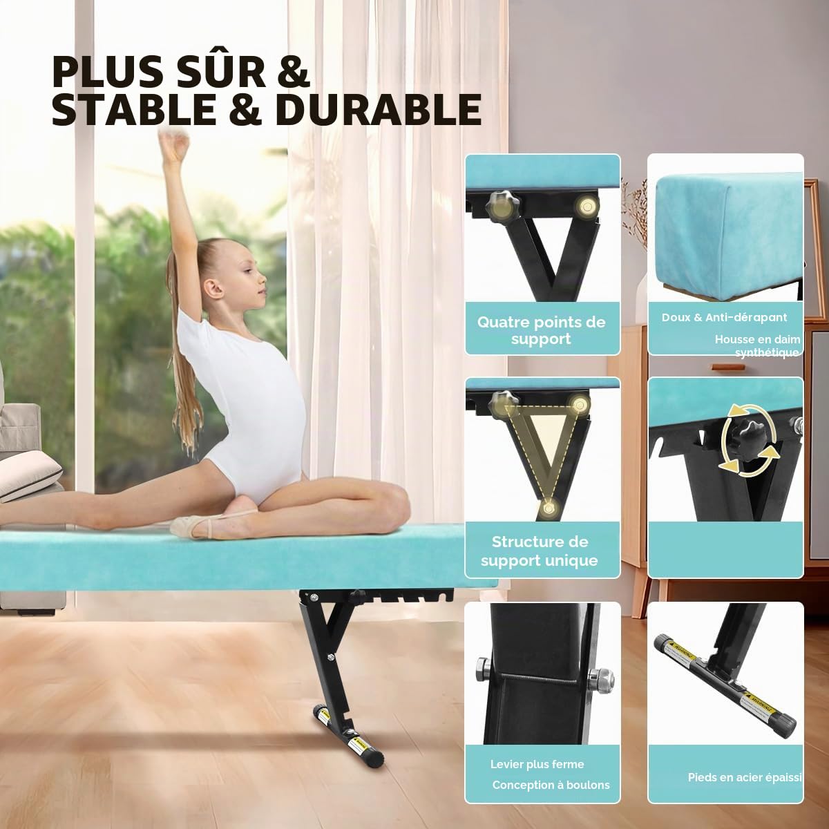 Poutre Gymnastique Enfant 244cm, 5 Hauteurs Réglables, Débutants & Pros